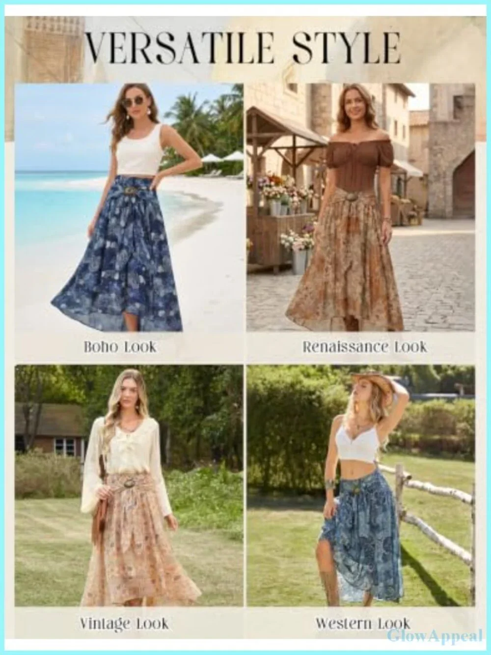 Flowy Western Maxi Skirt High Low Hem Stretchy Waistband Boho